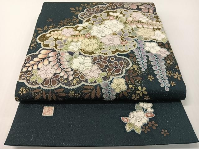 平和屋着物●越後十日町の一流染匠　桐屋・翠山工房　太鼓柄袋帯　辻が花　絞り　銀通し地　正絹　逸品　未使用　CABG1711vp