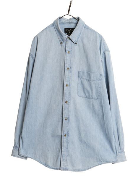 90s エディーバウアー 3点留め ボタンダウン 長袖 デニム シャツ メンズ L / 古着 オールド 長袖シャツ カジュアル シンプル ポケット付き