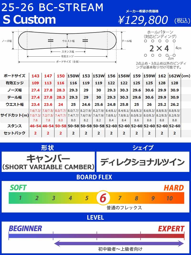 25-26 BC-STREAM / ビーシーストリーム S Custom エス カスタム メンズ レディース 国産 ツイン カービング スノーボード 板 2026