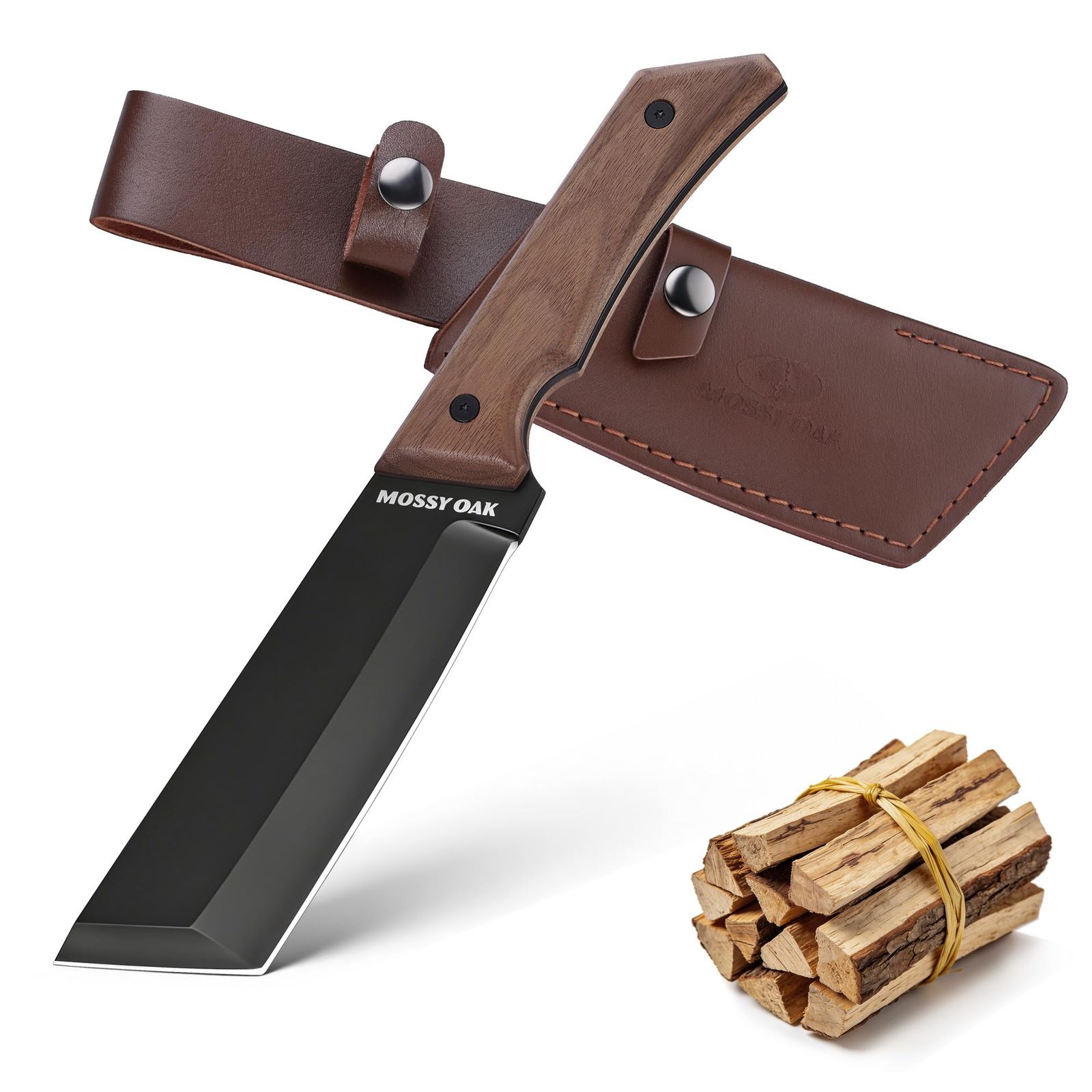 MOSSY OAK シースナイフ サバイバルナイフ 手鉈 フルタング構造 全長295mm クルミ材ハンドル 厚い刃 黒染メッキ処理 アウトドア 薪割り バトニング 山仕事 登山 キャンプ 防災用 【革シース付き】kk 6c4d1bad