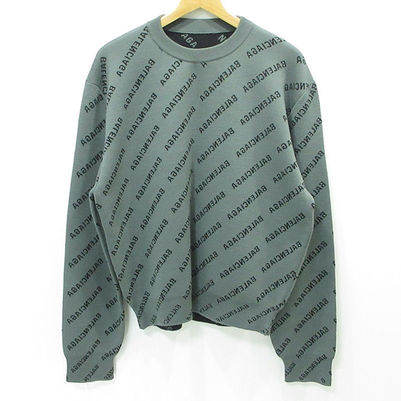 【三重本店】 中古 BALENCIAGA | バレンシアガ Mirror Mini Allover Logo Sweater ミラーミニオールオーバーロゴセーター ロゴ長袖ニット 総柄 724626 T1666 グレー サイズ:S 【108】