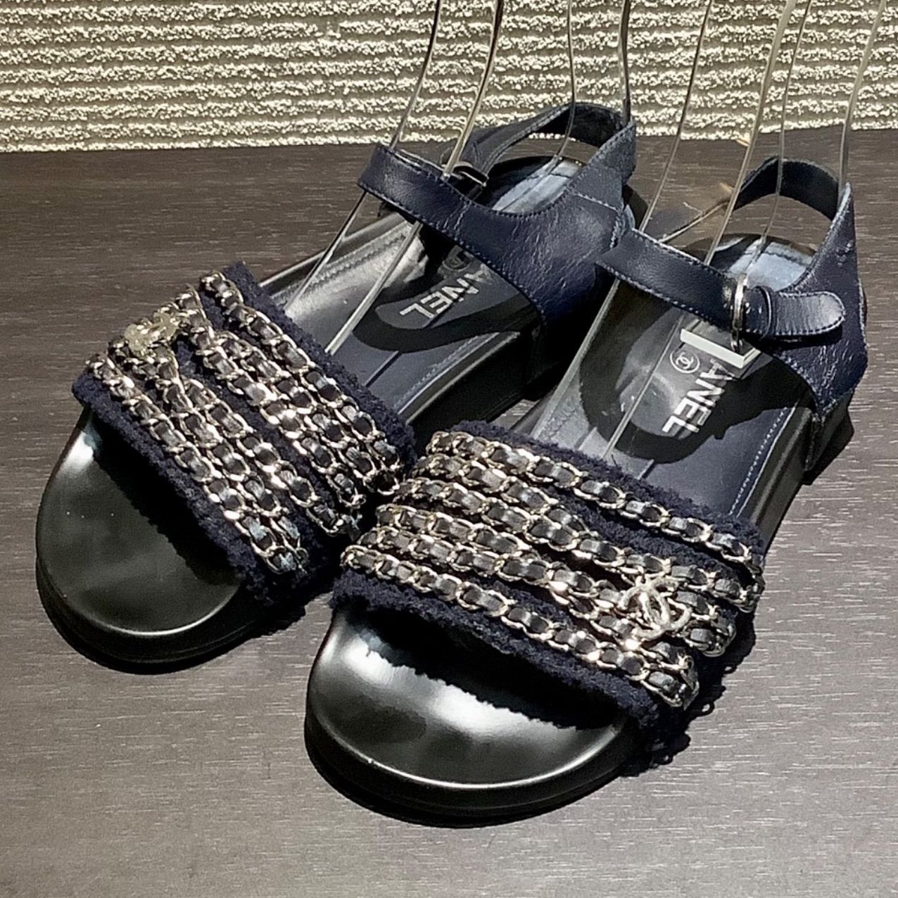 シャネル CHANEL ココマーク 6連 マトラッセ チェーン サンダル シューズ 紺 ネイビー シルバー金具 [36] 約23cm M515/T25/T3