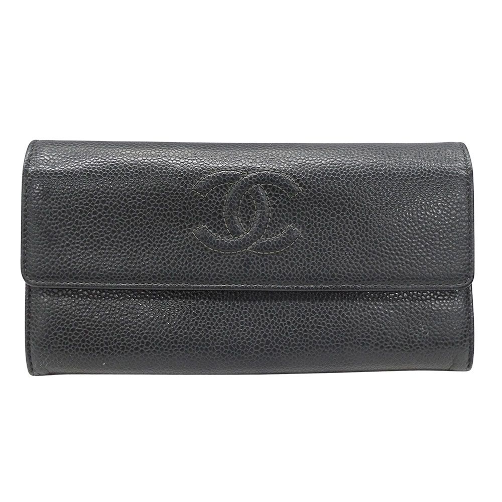 シャネル CHANEL 財布 レディース ブランド 長財布 キャビアスキン チャコールグレー フラップ式 おしゃれ ロゴ 上品 大人 【中古】