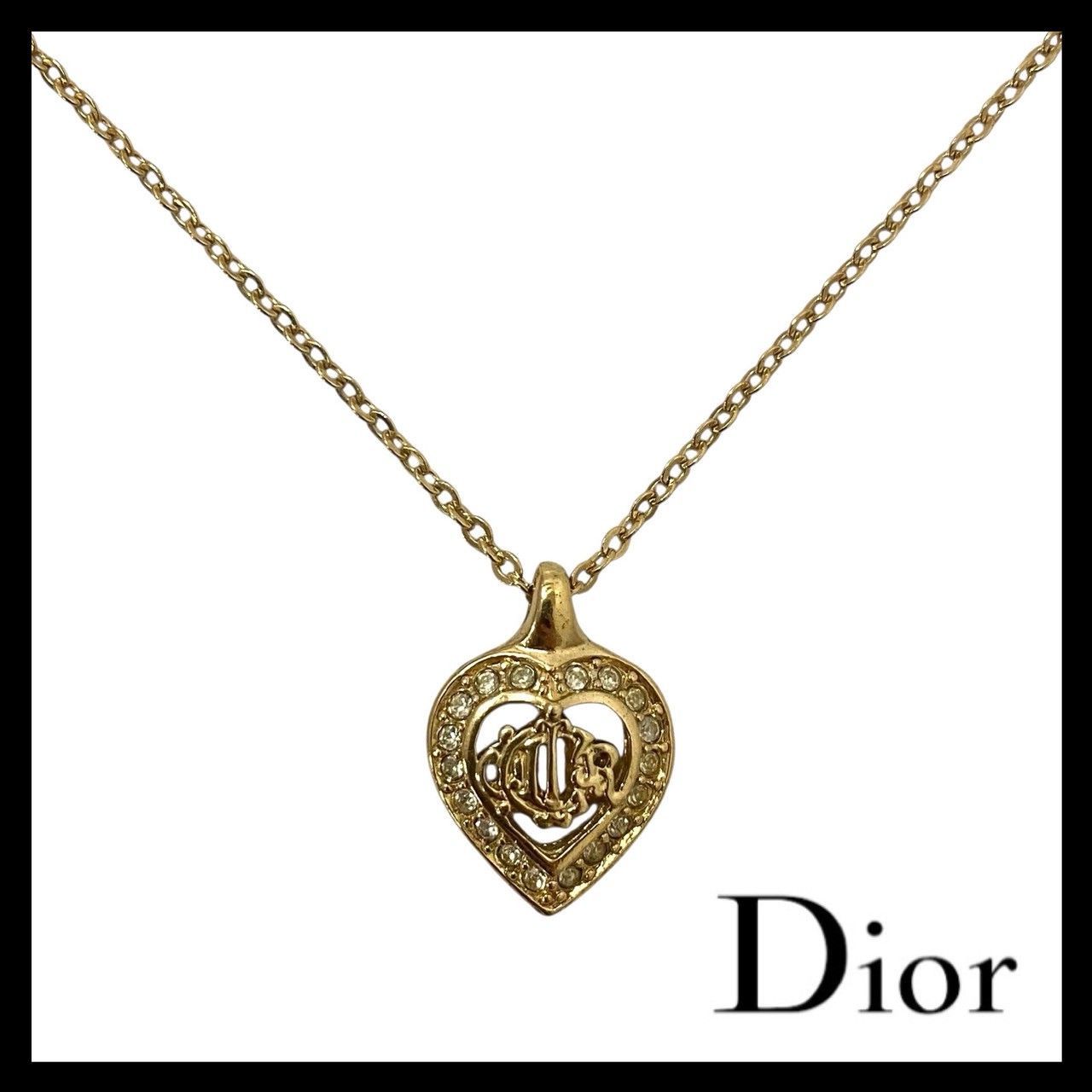 FC【Dior】旧ロゴ エンブレム ハート ネックレス ラインストーン