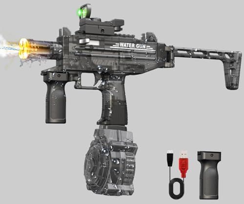 水鉄砲 電動 最強 【マズルフラッシュと煙を再現！バッテリー2個】 電動ウォーターガン 大容量タンク 800ml 電動水鉄砲 光る 高速連射 効果音 反動ギミック 強力飛距離8-10m ドットサイト付き 充電式 水遊び 子供も大人も楽しめる fa4b6ba6