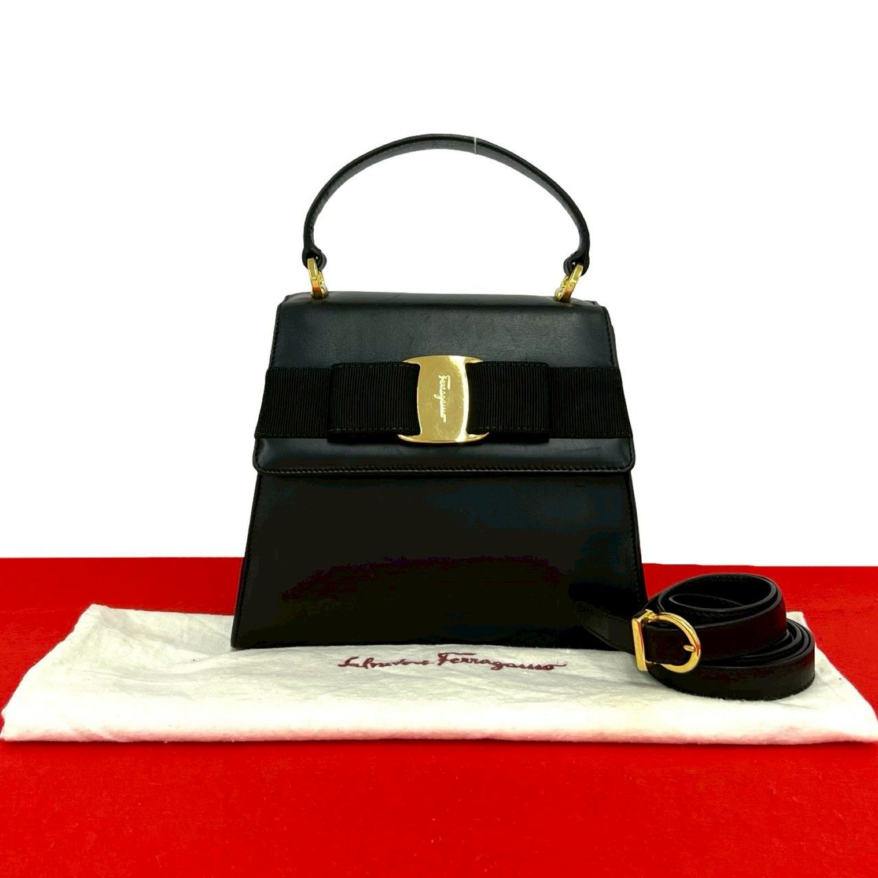 極 美品 Salvatore Ferragamo サルヴァトーレフェラガモ ヴァラリボン レザー 本革 2way ショルダーバッグ ハンドバッグ ブラック 76657