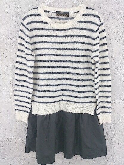 ◇ Broderie & Co nano universe ボーダー ニット レイヤード調 長袖 膝丈 ワンピース F アイボリー ブラック * 【1002799754361】