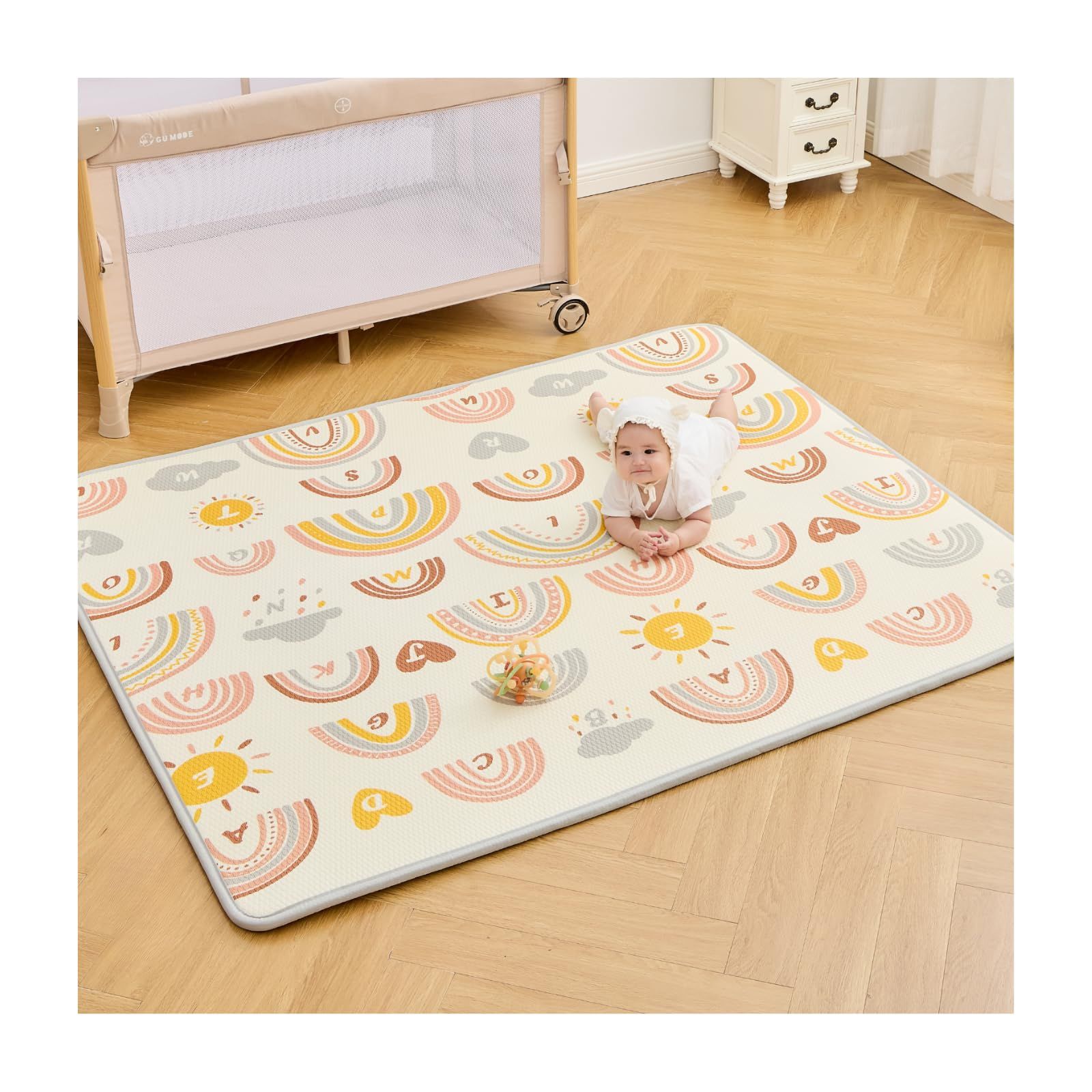 GU MODE プレイマット ベビープレイマット シームレス リバーシブル 床暖房対応 両面使用 200x140x2cm 高密度XPE素材 一年保証 ベビーマット 安全無味 厚さ2cm 赤ちゃん 厚手 防水防寒 清掃簡単 衝撃緩和【レインボー 4a58765d