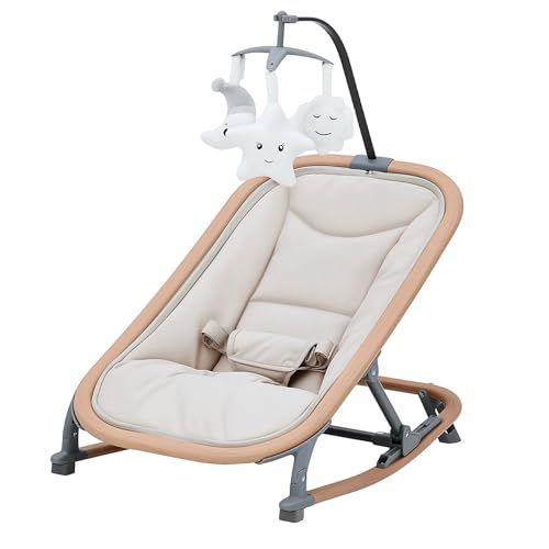 Thinkmax バウンサー 2in1 バウンシングシート 生後1カ月頃~ 3段階調節 安全ベルト 組立不要 折り畳み 持ち運び 軽量 静音 ゆりかご 新生児対応 赤ちゃん 出産祝い プレゼント ベージュY 90f59b1f