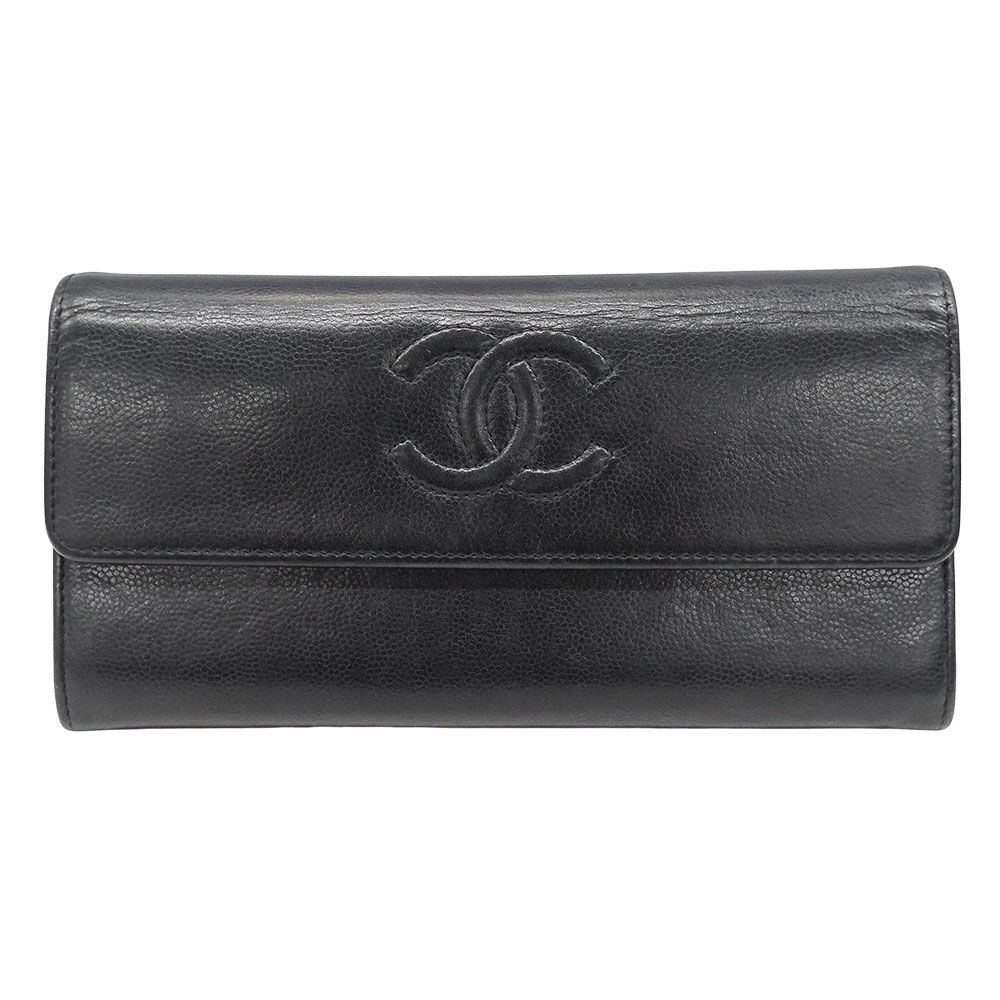 シャネル CHANEL 財布 レディース ブランド 長財布 レザー ブラック シルバー金具 フラップ式 おしゃれ ロゴ シンプル 上品 【中古】