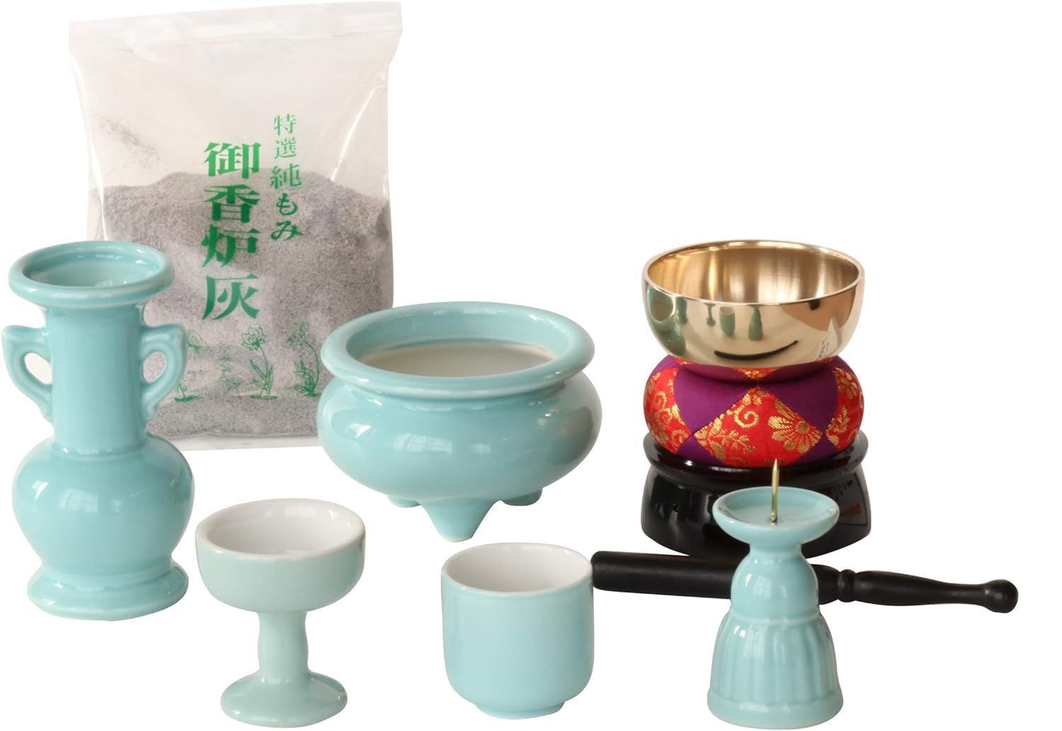 仏具セット 青磁無地 陶器 5点+おりんセット 香炉灰付 モダンミニ仏壇用 shu 36f620c1