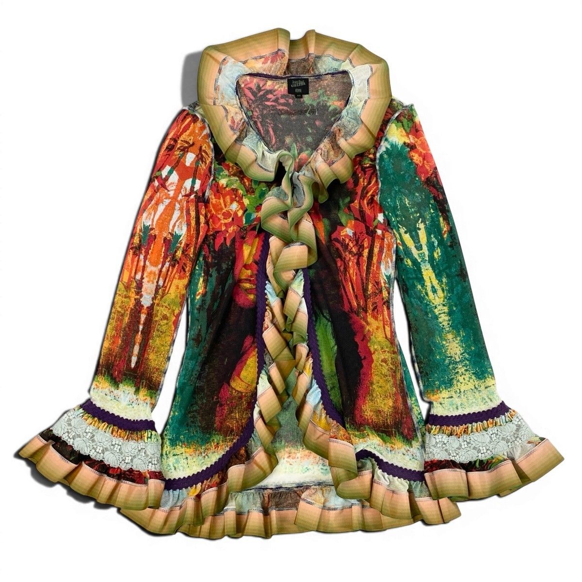 Ae14 【美品】 Jean Paul GAULTIER FEMME ジャンポールゴルチエ フェム パワーネット フリルカーディガン シアーカーディガン 総柄 サイズ40 マルチカラー レディース 女性服k02i