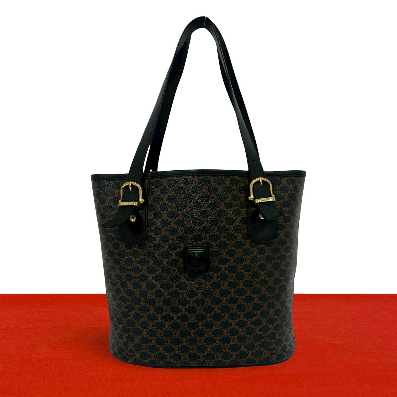 極 美品 CELINE セリーヌ マガダム ブラゾン トリオンフ 柄 ロゴ レザー 本革 トートバッグ ハンドバッグ ブラウン ブラック 26218