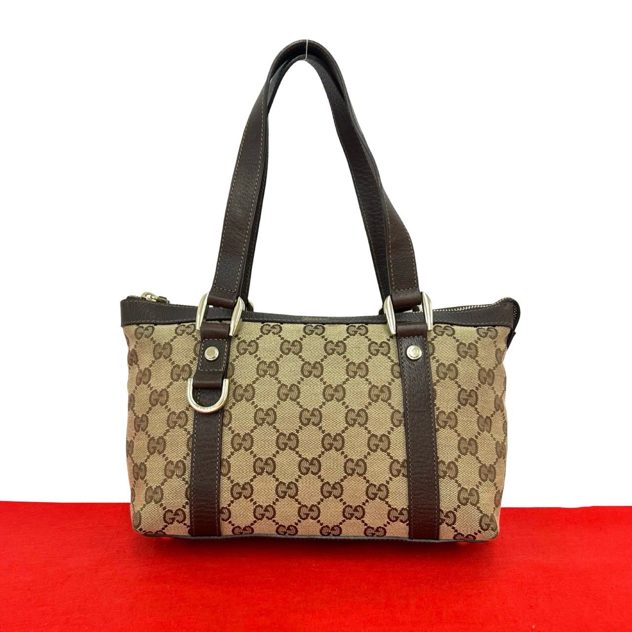 極 美品 GUCCI グッチ GG 柄 ロゴ キャンバス レザー 本革 ハンドバッグ ミニ ボストンバッグ トートバッグ ポーチ ブラウン 茶 04027
