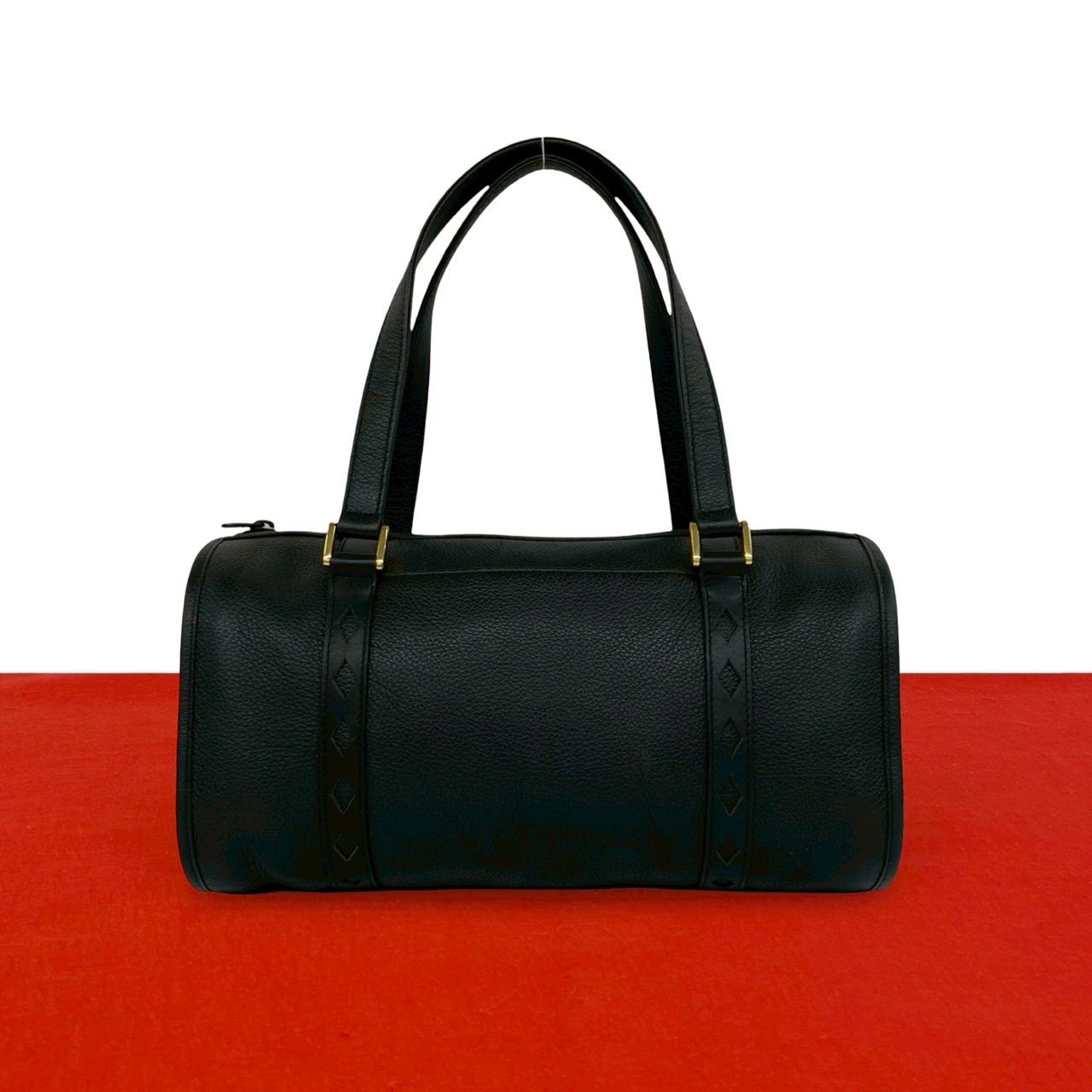 極 美品 YVES SAINT LAURENT イヴ・サンローラン ヴィンテージ カットアウト レザー 本革 ハンドバッグ ミニ ボストンバッグ 黒 89834
