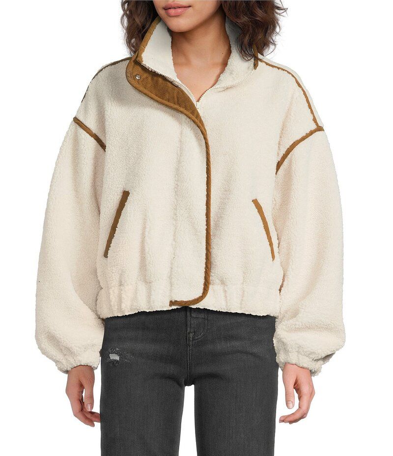 エラン レディース アウター コート ジャケット ELAN Teddy Long Sleeve Zip Front Bomber Jacket Off WhiteBrown オフホワイト
