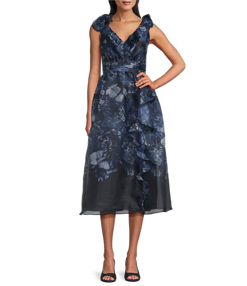 マギーロンドン レディース トップス ワンピース フラワー柄 プリント フリル ミディ ノースリーブ フラワー Maggy London Floral Print Organza VNeckline Sleeveless Ruffle Midi Gown Na