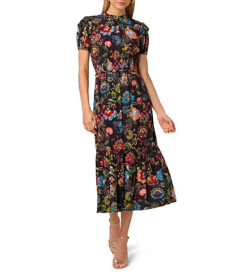 アドリアナ パペル レディース トップス ワンピース フラワー柄 プリント ミディ シャーリング フラワー Adrianna Papell Short Sleeve Smocked Midi Floral Printed Dress Black Multi ブ