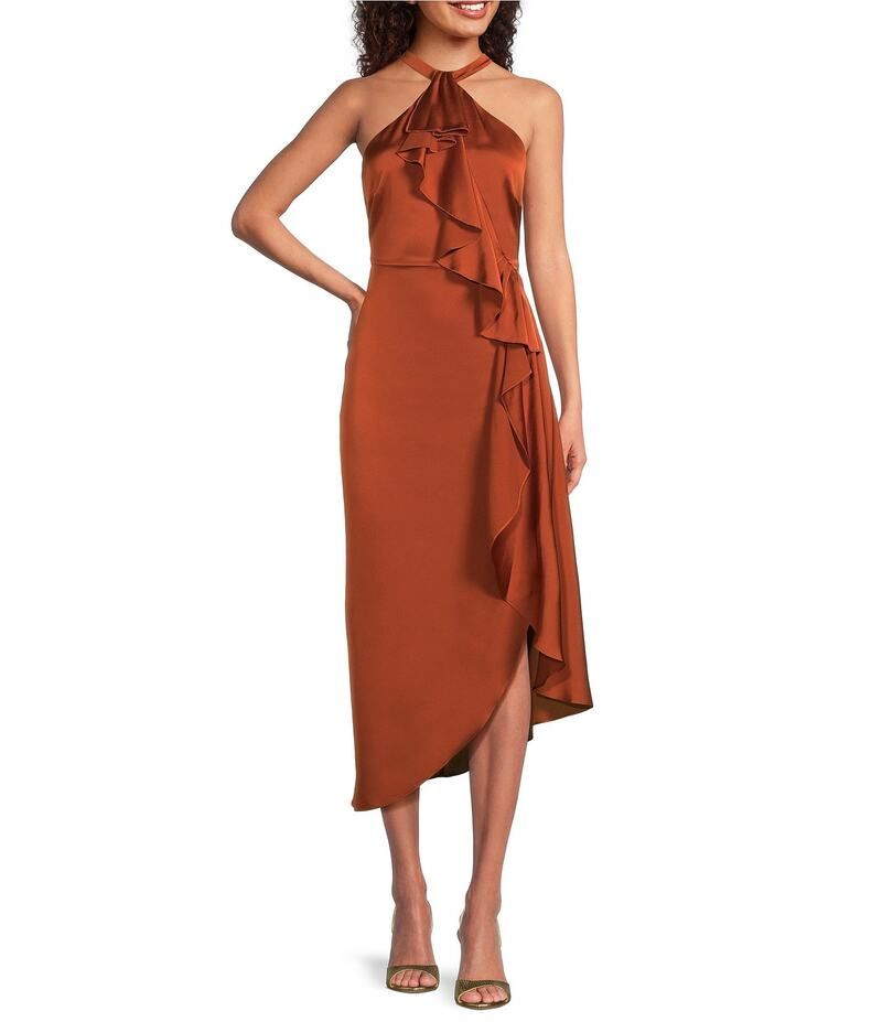 バッジェリーミシュカ レディース トップス ワンピース アシンメトリー ミディワンピース ミディ サテン ホルター Badgley Mischka Kelly Satin Halter Asymmetrical Hem Slip Midi Dress Copp