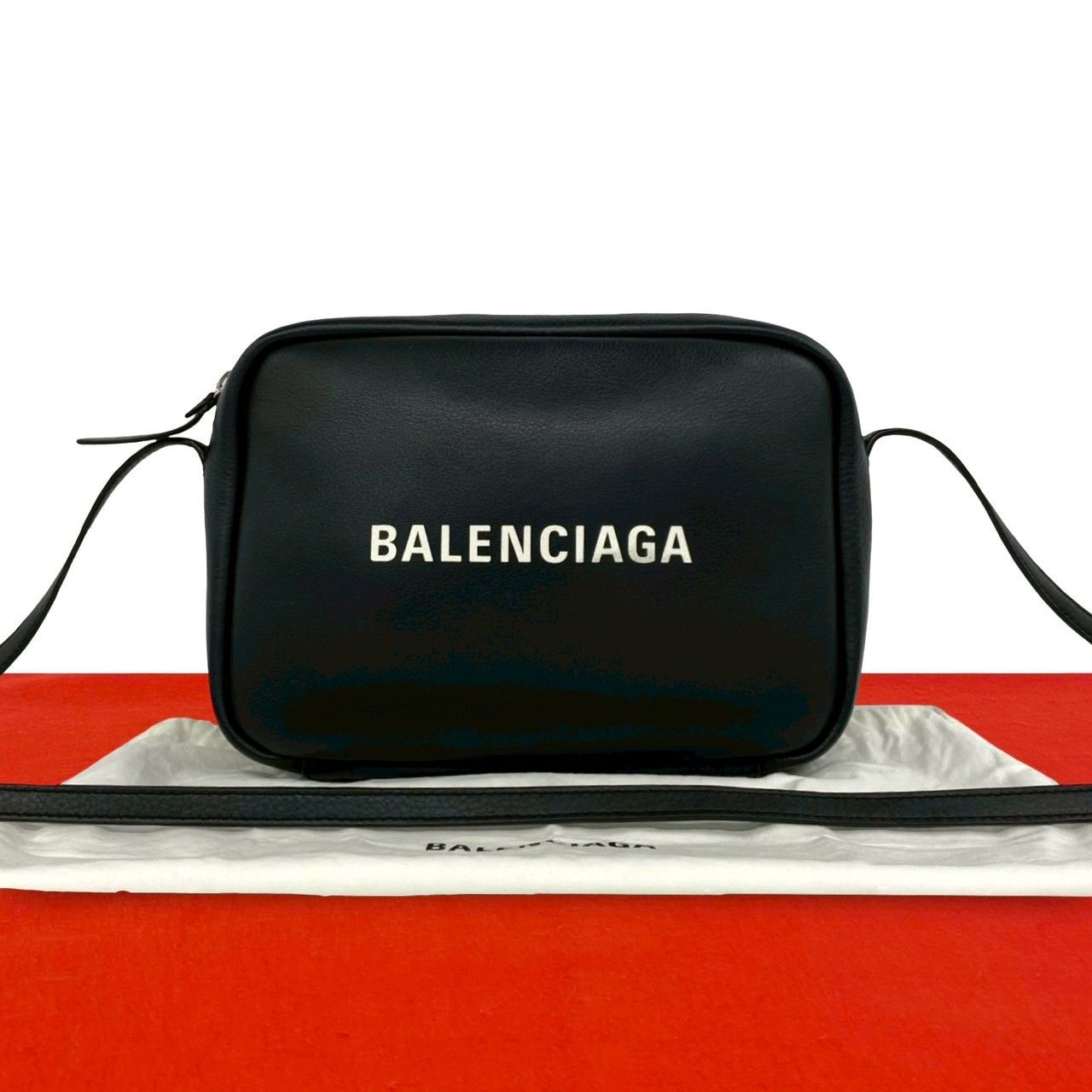 極 美品 BALENCIAGA バレンシアガ エブリデイ カメラバッグ ロゴ レザー 本革 ミニ ショルダーバッグ ポシェット ブラック 黒 86243