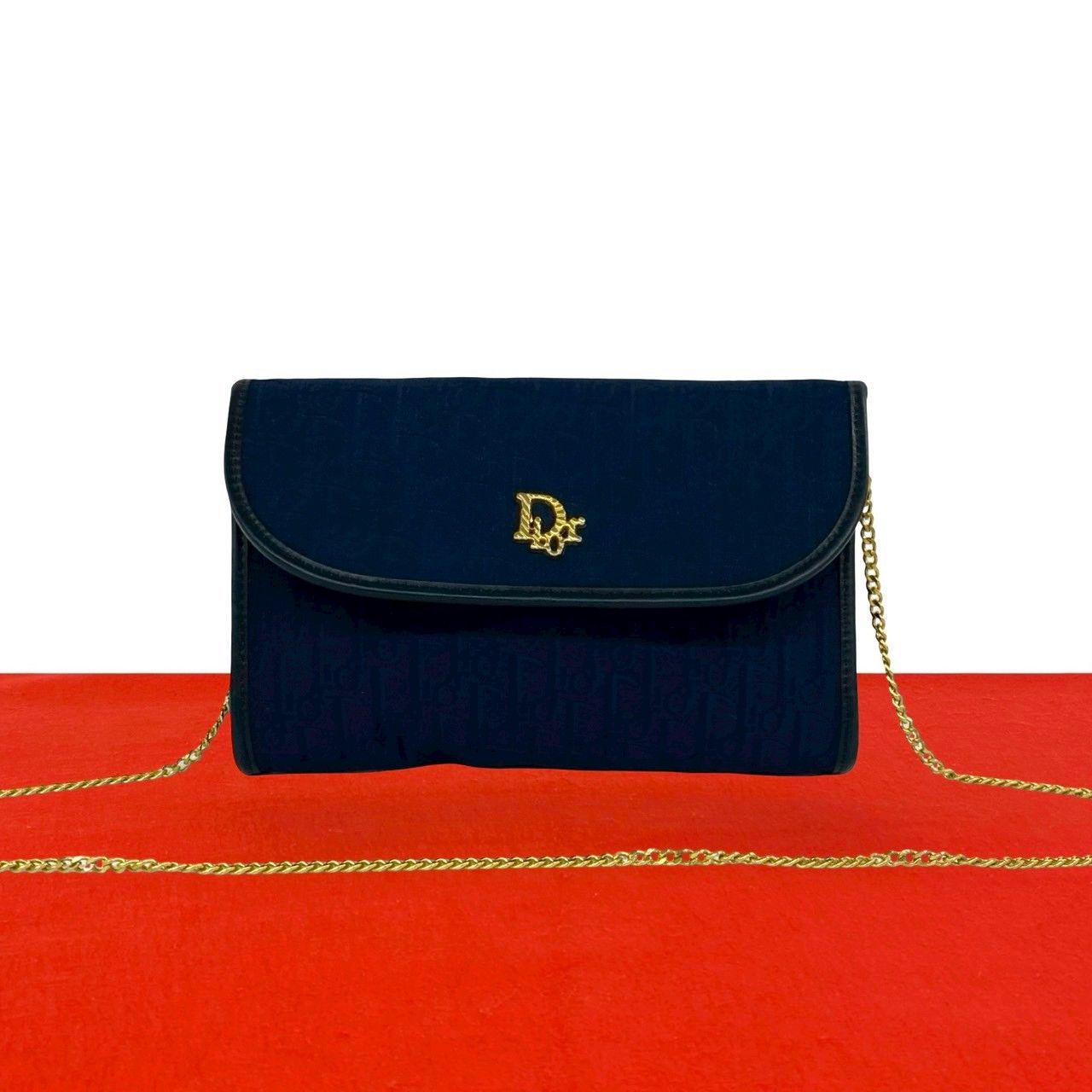 極 美品 Christian Dior ディオール ヴィンテージ トロッター 柄 ロゴ 金具 キャンバス レザー チェーン ショルダーバッグ ネイビー 79986