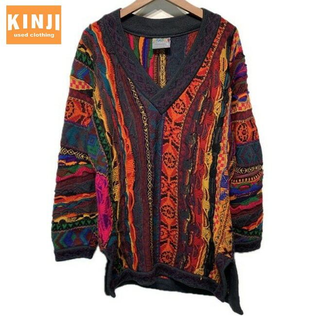 【中古】　COOGI　セーター　ニット　トップス　3D　立体　Vネック　ウール　総柄　マルチカラー　オーストラリア製　古着　/7101