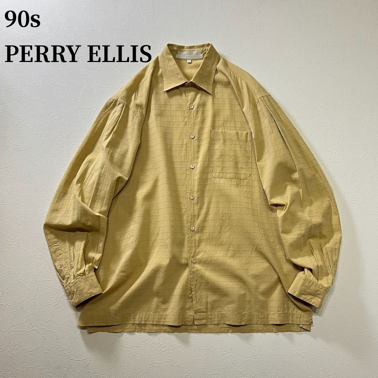 90s PERRY ELLIS　チェック　胸ポケット　長袖シャツ　ペリーエリス　マスタードイエロー　L 古着