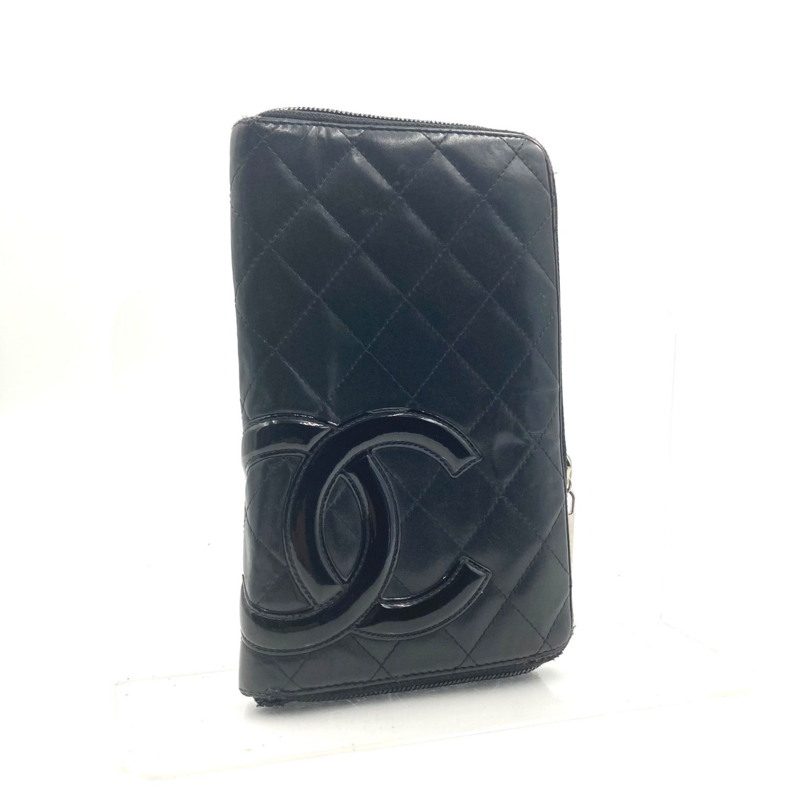 CHANEL ブラック キルティング マトラッセラウンドジップ長財布カーフ