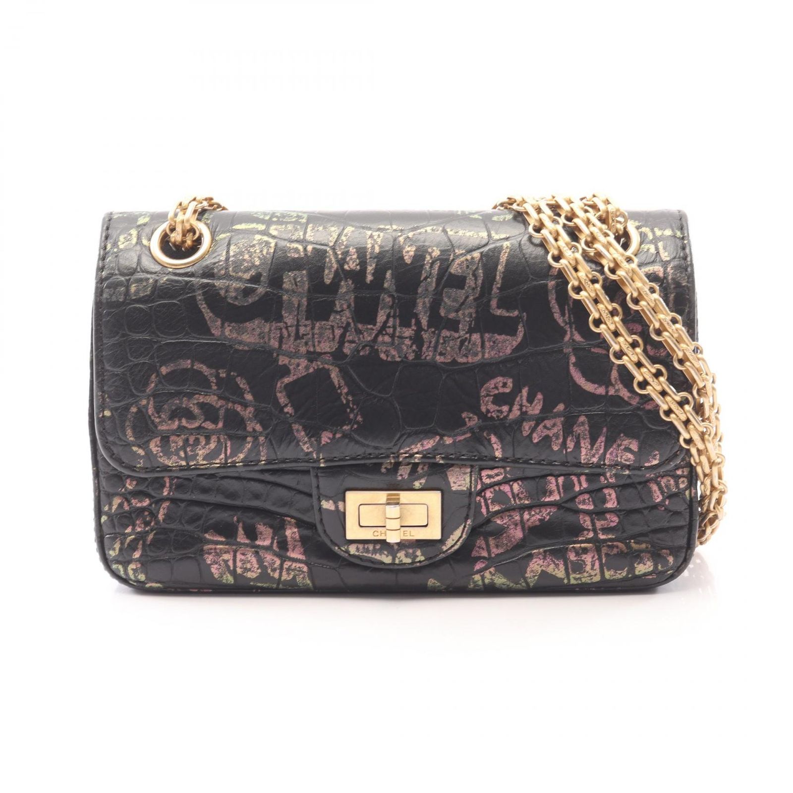 シャネル CHANEL ショルダーバッグ 2.55 グラフィティ ミニ クロコ型押し AS0874 ブラック/マルチ レザー 2.55 グラフィティ ミニ チェーンショルダー レディース