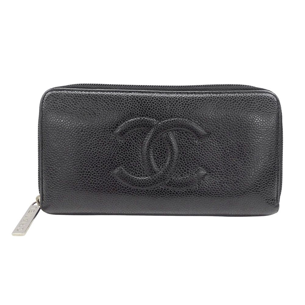 シャネル CHANEL 財布 レディース ブランド 長財布 キャビアスキン ブラック シルバ―金具 ラウンドファスナー おしゃれ ロゴ 上品 大人 【中古】