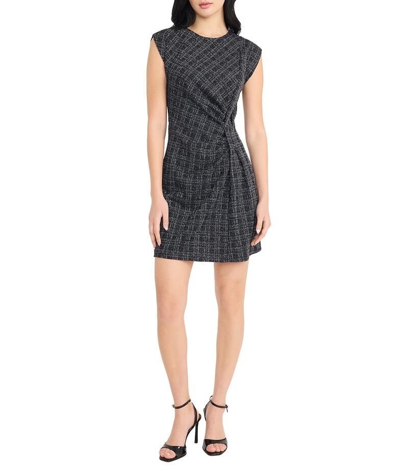 ドナモーガン レディース トップス ワンピース クルーネック ミニワンピース ミニ ツイード ノースリーブ Donna Morgan Plaid Boucle Tweed Crew Neck Gathered Sleeveless Mini Dress Nav
