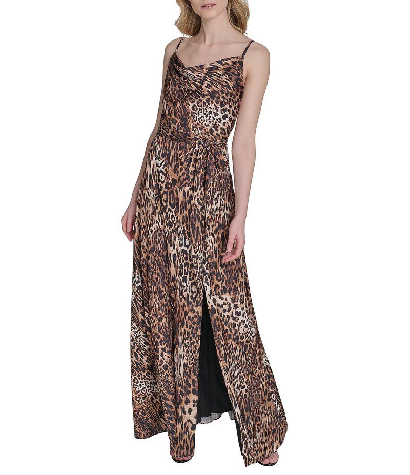 ヴィンスカムート レディース トップス ワンピース マキシワンピース ドレープ プリント サテン ノースリーブ マキシ Vince Camuto Satin Leopard Print Drape Neck Sleeveless Maxi Dress Brow