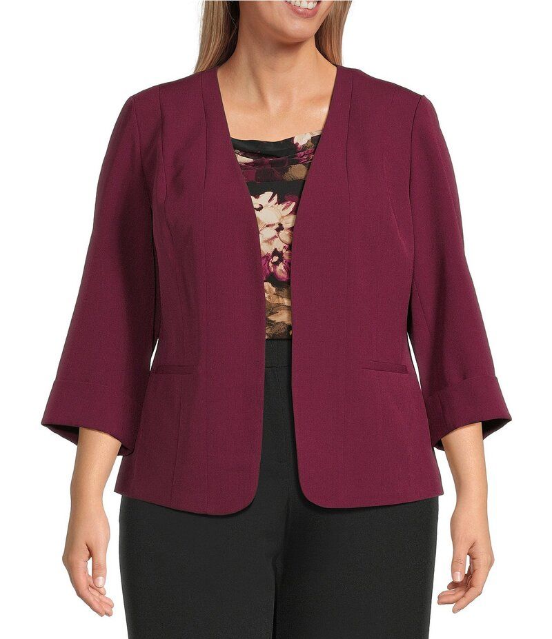 カスパール レディース アウター コート プラスサイズ ジャケット Kasper Plus Multi Seam Open Front Cuff Sleeve Jacket Dark Red レッド