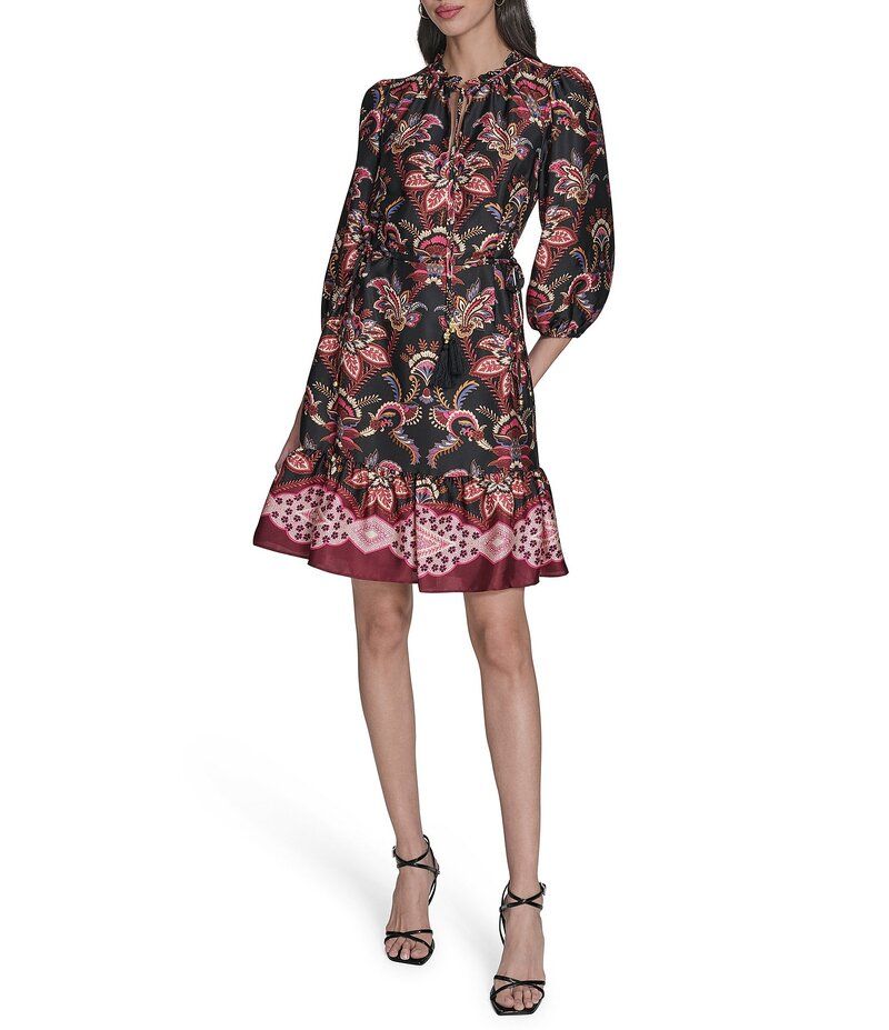 ヴィンスカムート レディース トップス ワンピース Vネック A ライン プリント Vince Camuto Paisley Print VNeck Long Sleeve Tie ALine Dress Black Multi ブラック