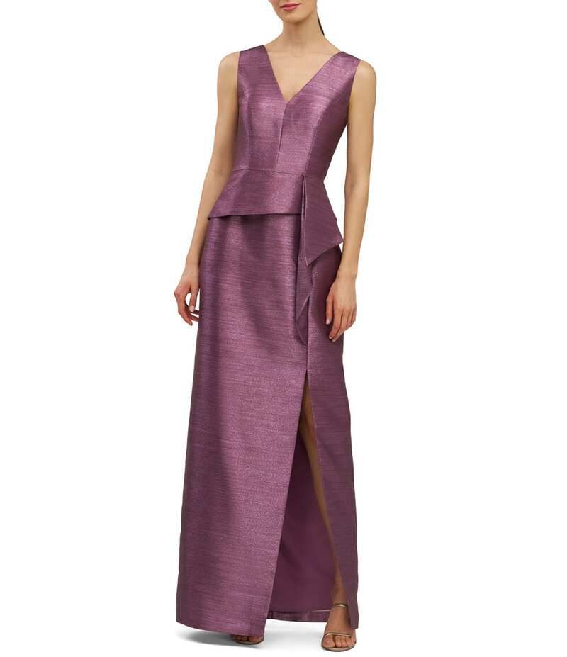 ケイ アンジャー レディース トップス ワンピース Vネック フリル トール Kay Unger Octavia Metallic Peplum VNeck Ruffle Column Gown Muted Purple パープル