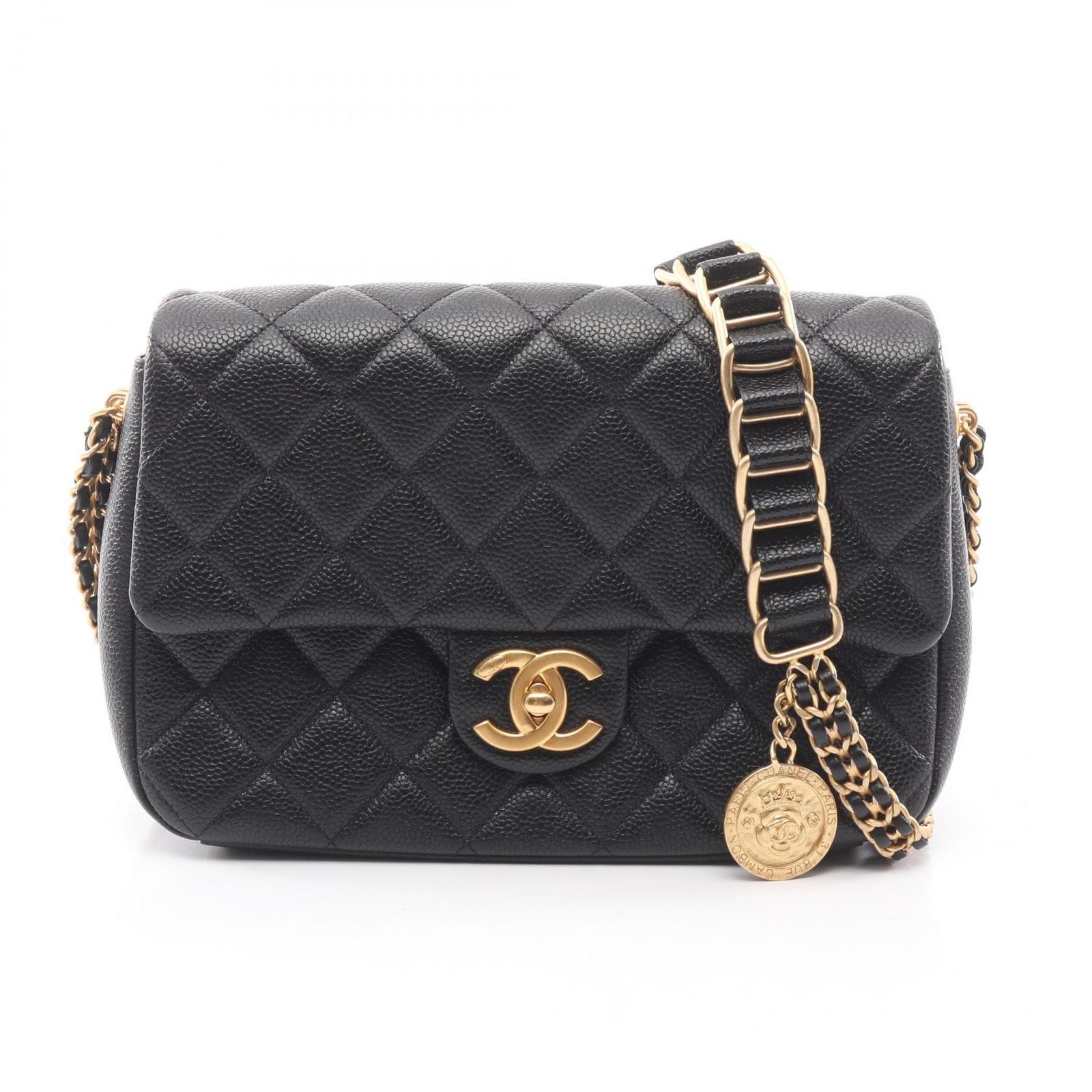 シャネル CHANEL ショルダーバッグ マトラッセ カメリア ブラック キャビアスキン(グレインドカーフ) マトラッセ チェーンショルダー レディース Used A