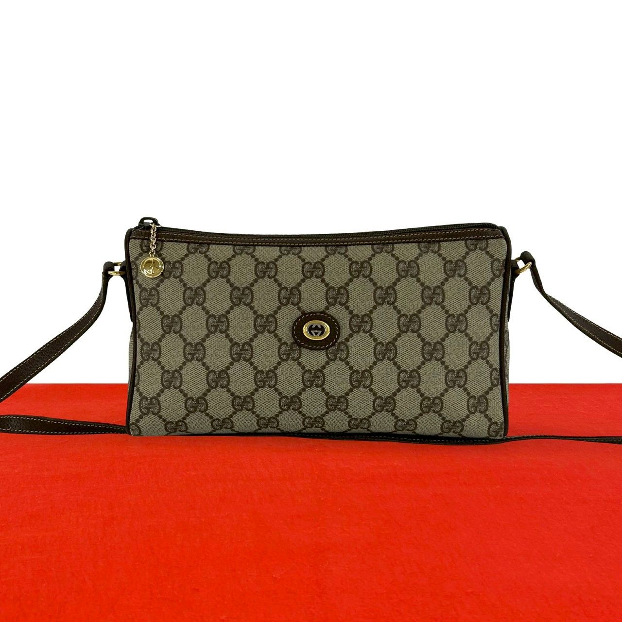 極 美品 希少品 GUCCI グッチ オールドグッチ GG ロゴ 柄 金具 レザー 本革 ミニ ショルダーバッグ ポシェット ブラウン 茶 39173