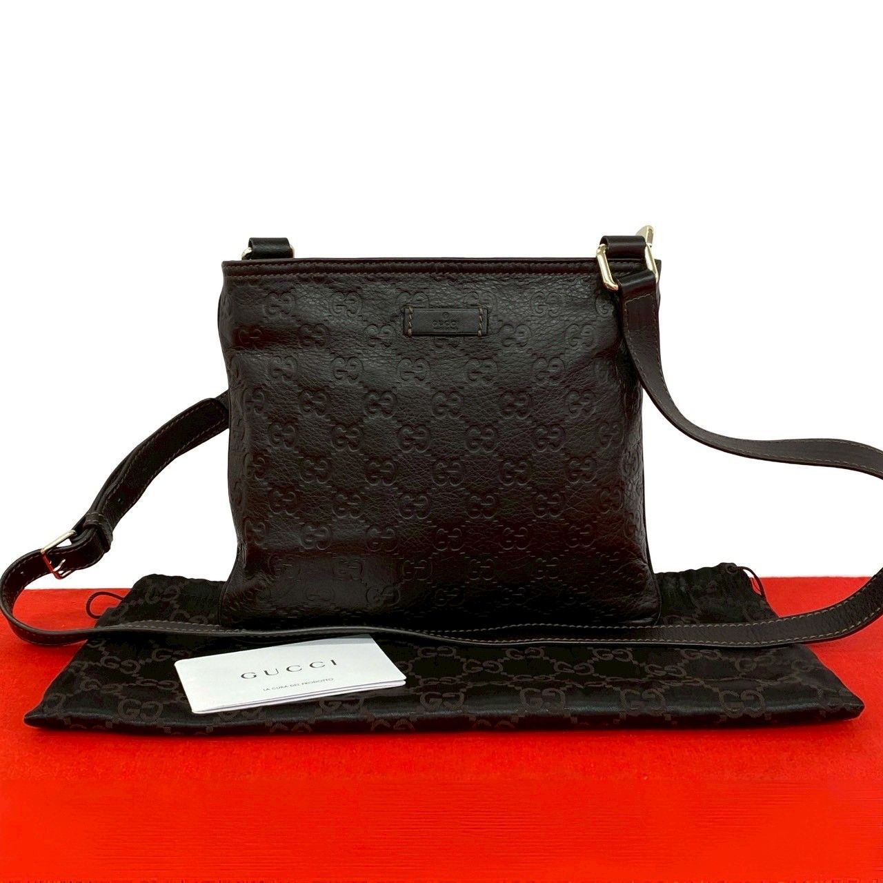 極 美品 袋付き GUCCI グッチ シマ GG 柄 刻印 レザー 本革 ミニ ショルダーバッグ ポシェット サコッシュ ダークブラウン 75391