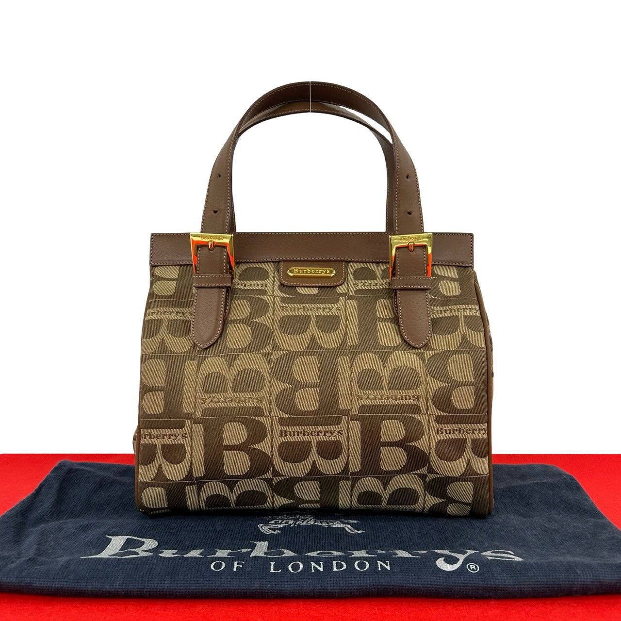 極 美品 袋付 Burberrys バーバリーズ ヴィンテージ ロゴ 総柄 プレート金具 キャンバス レザー 本革 ハンドバッグ トートバッグ 茶 69268