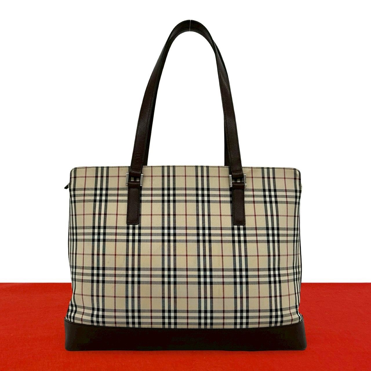 極 美品 BURBERRY バーバリー ノバチェック 柄 キャンバス レザー 本革 トートバッグ ビジネスバッグ A4収納可能 ブラウン 87837