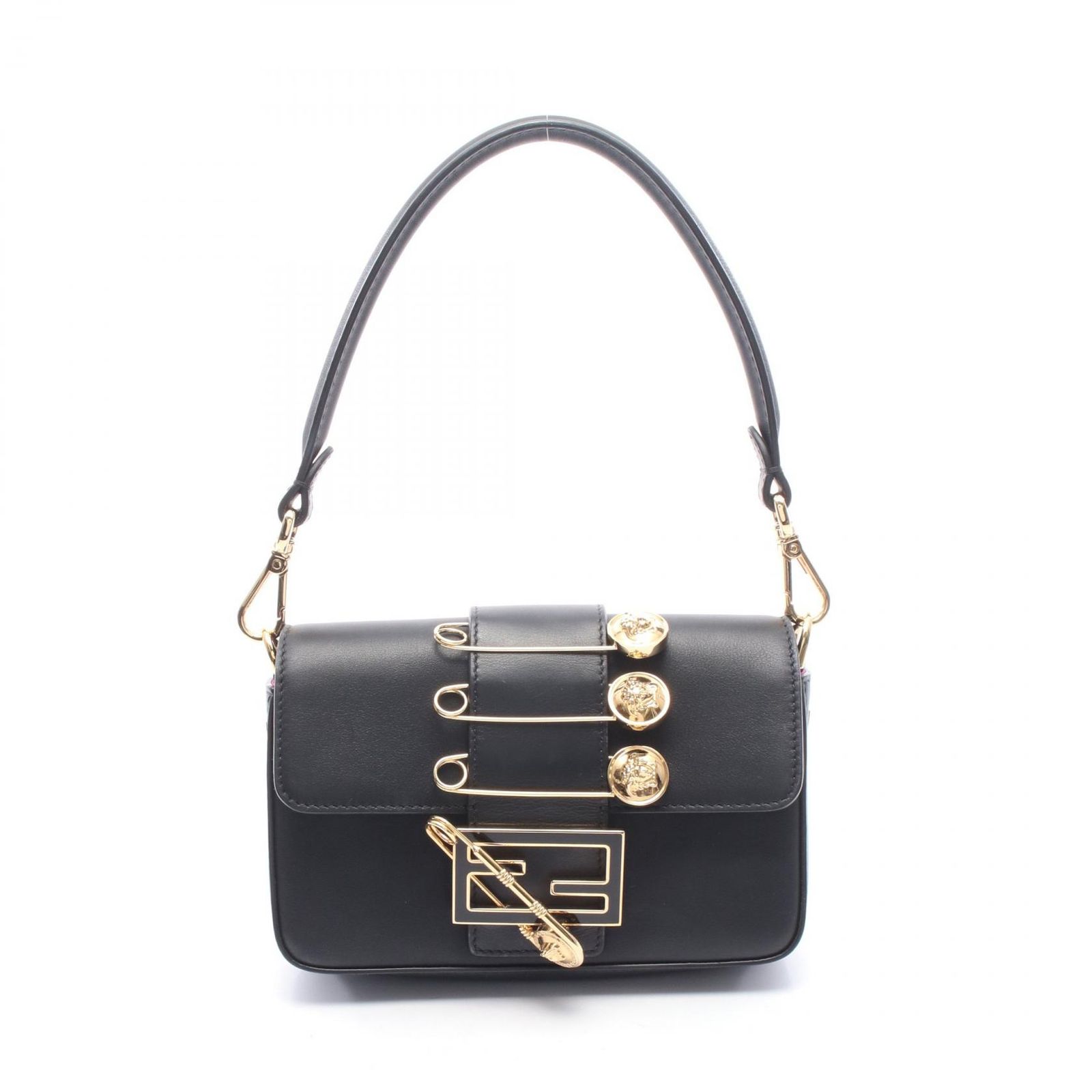 フェンディ FENDI ハンドバッグ FENDI × VERSACE FENDACE バゲット ブローチ装飾 ブラック レザー FENDI×VERSACE ブローチ バゲット スモール レディース Used A