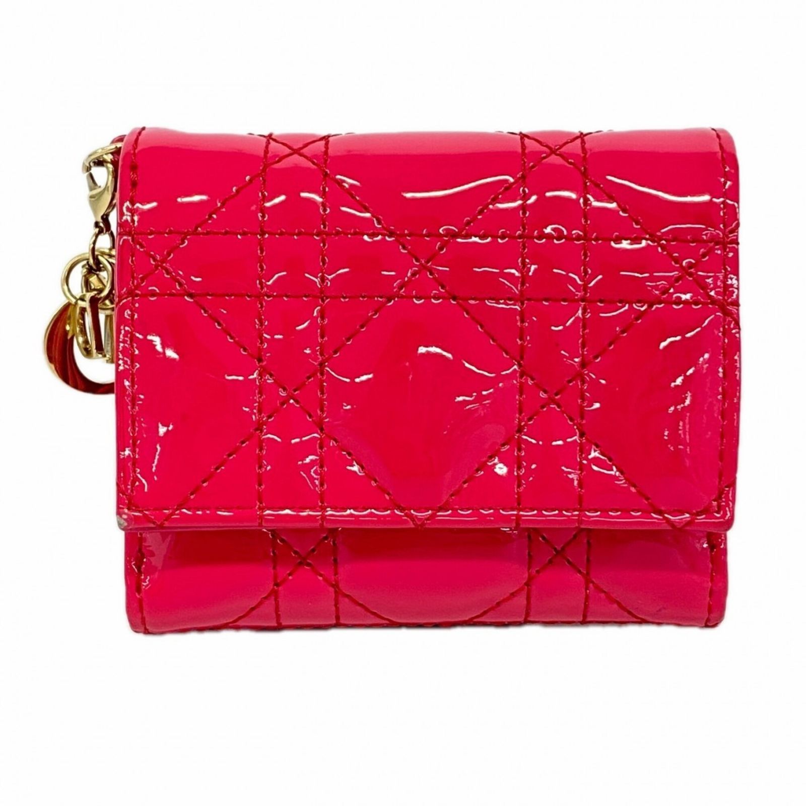 クリスチャン・ディオール(Christian Dior) クリスチャンディオール 三つ折り財布 カナージュ エナメル ピンク シャンパンレディース