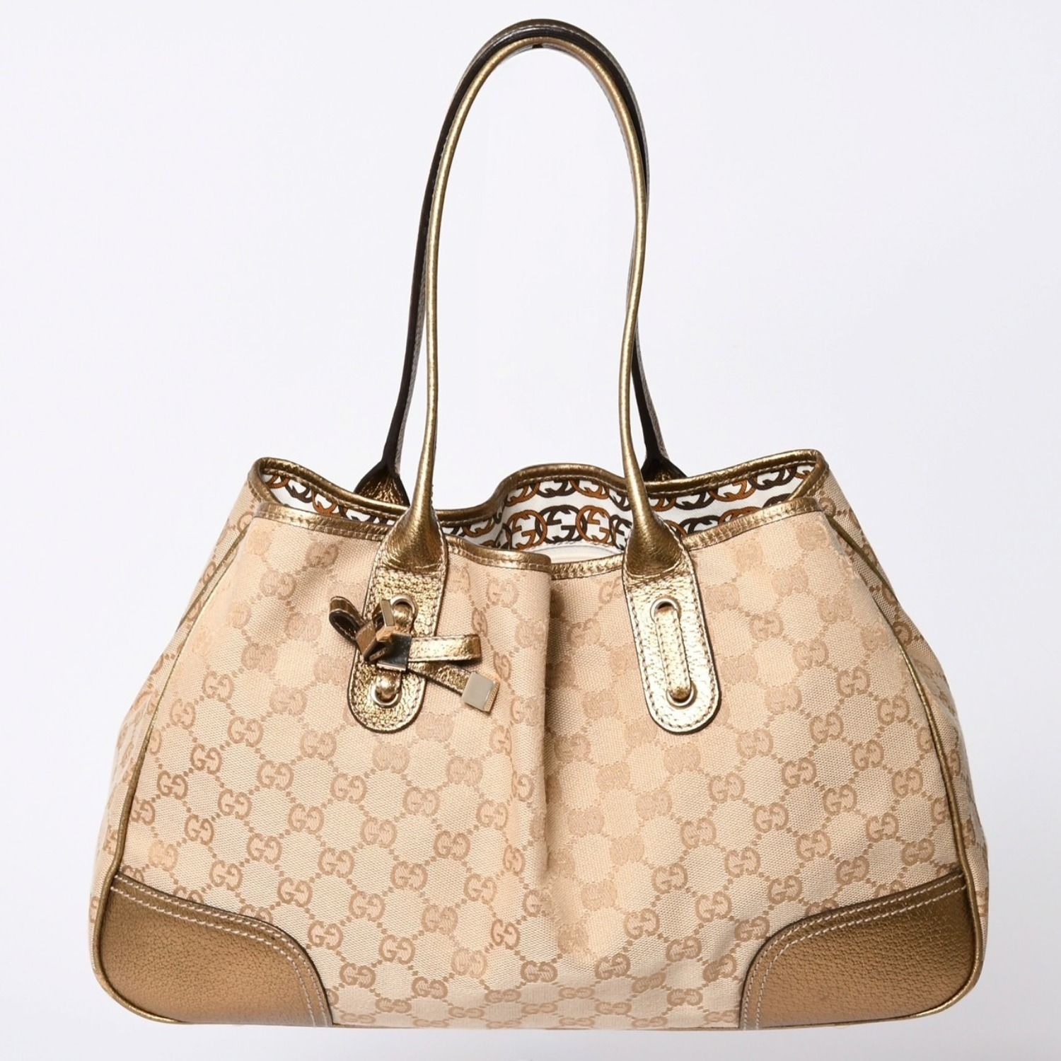 極美品 GUCCI グッチ トートバッグ ハンドバッグ 163305 イタリア製 GGキャンバス レザー ベージュ ゴールド ゴールド金具 中古 4a002054