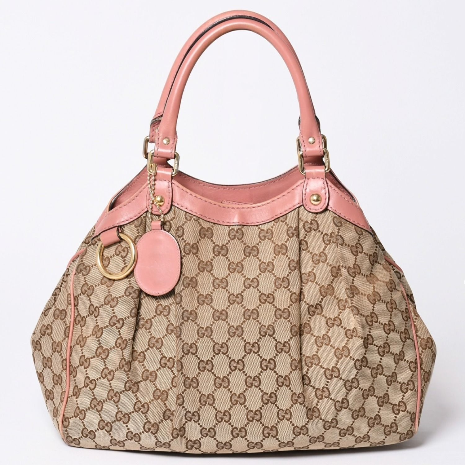 極美品 GUCCI グッチ ハンドバッグ 211944 GGキャンバス レザー ベージュ ピンク ゴールド金具 中古 4a002072
