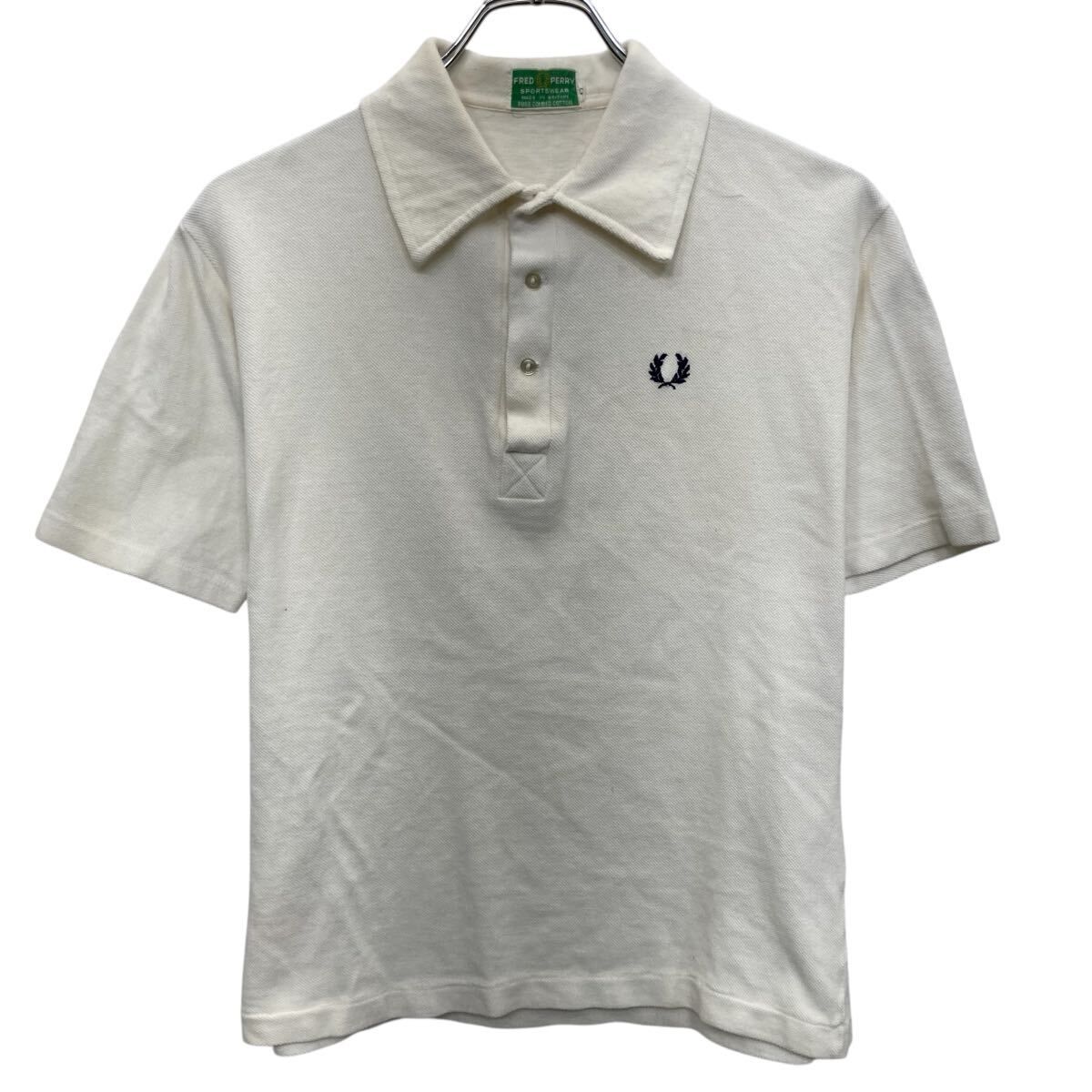 80s~ FRED PERRY 半袖 ポロシャツ 42 ホワイト フレッドペリー 80年代 ワンポイント ロゴ刺繍 シンプル カットソー 夏物 a805-5721