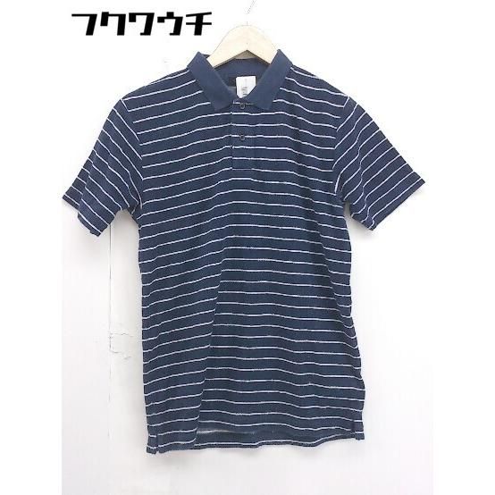 ◇ nano universe ナノ ユニバース ボーダー パイル地 半袖 ポロシャツ サイズS ネイビー ホワイト メンズ 【中古】 【1108270009743】