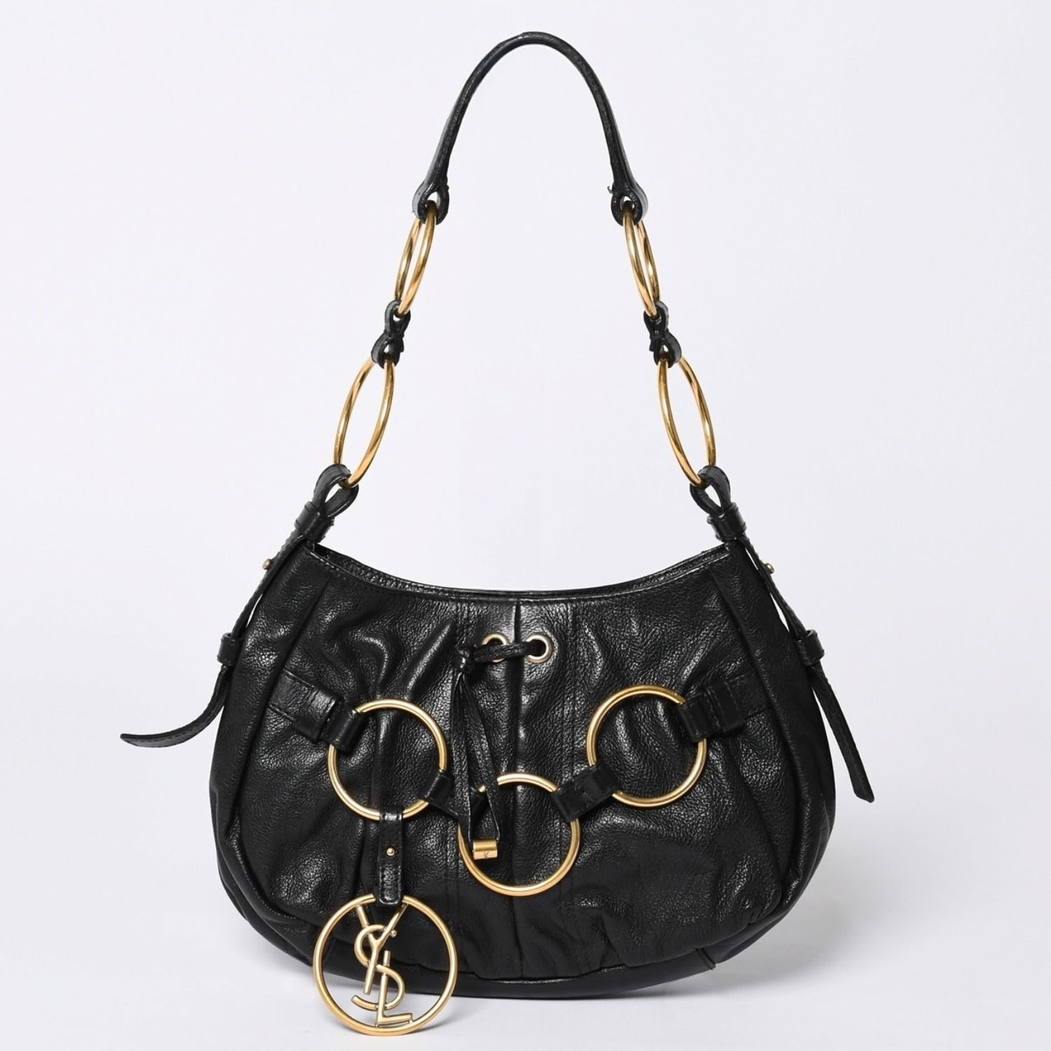 極美品 YVES SAINT LAURENT イヴ・サンローラン ハンドバッグ ゴールドリング レザー ブラック 中古 4a002094