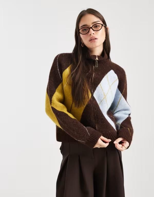 エイソス レディース アウター カーディガン ニット ASOS DESIGN knit argyle zip up cardigan Multi マルチカラー