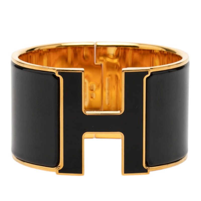 エルメス クリッククラックH PM エクストラワイド ブレスレット バングル ゴールド ブラック メッキ エナメル レディース HERMES【1-0269324】