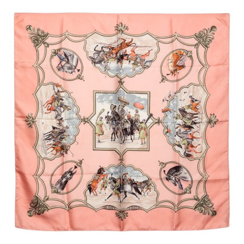 エルメス カレ90 LES CHEVAUX DES MOGHOLS ムガル王朝の馬 スカーフ ピンク マルチカラー シルク レディース HERMES【227-66350】